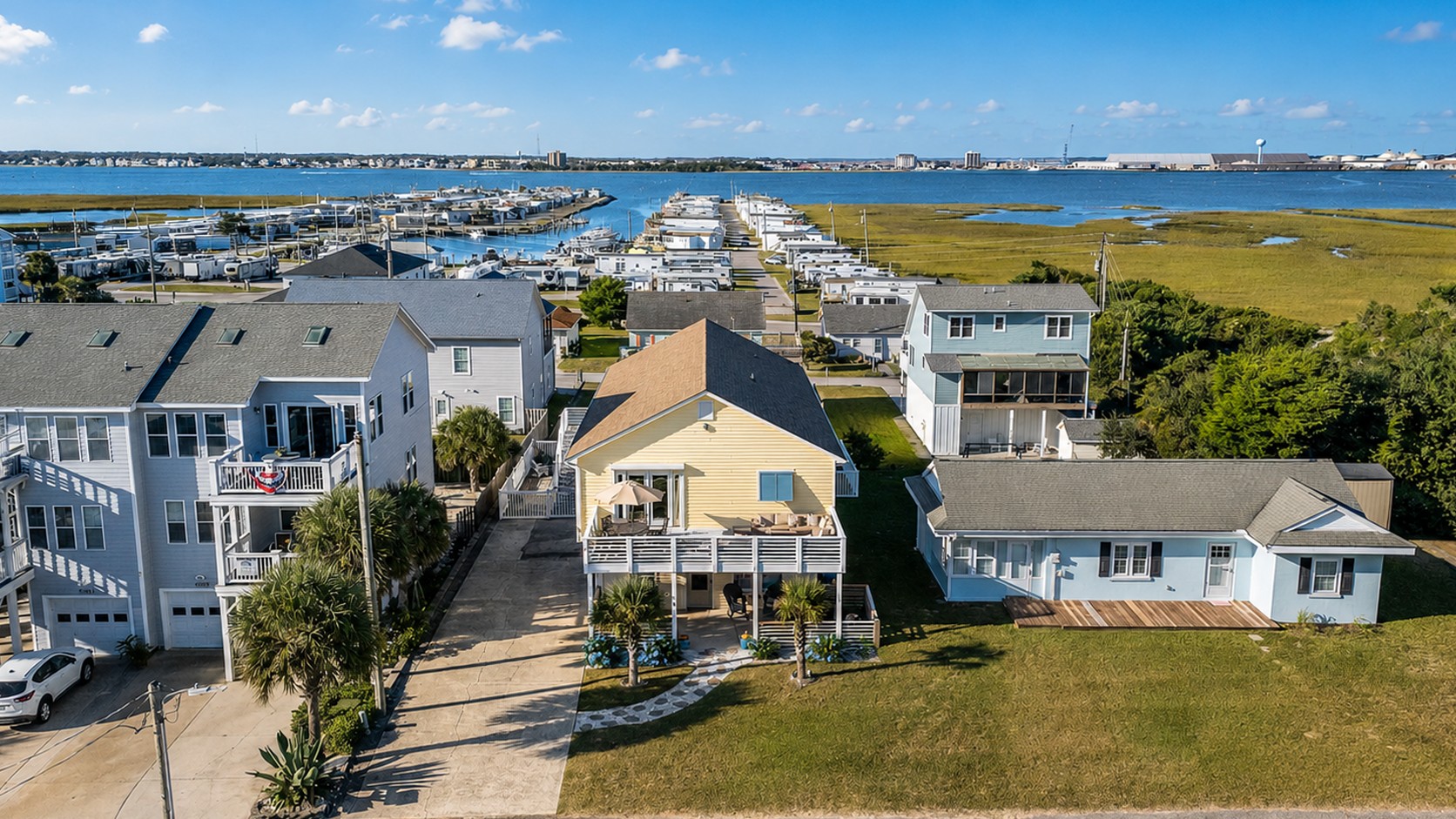 Aerial view of the property near the Atlantic Beach marina and waterway