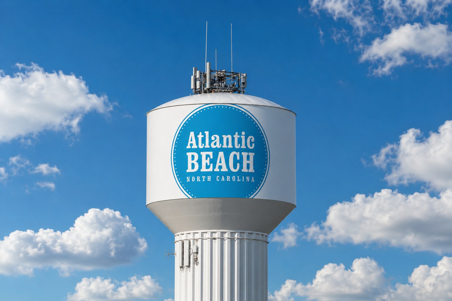 The Atlantic Beach, North Carolina water tower against a blue sky