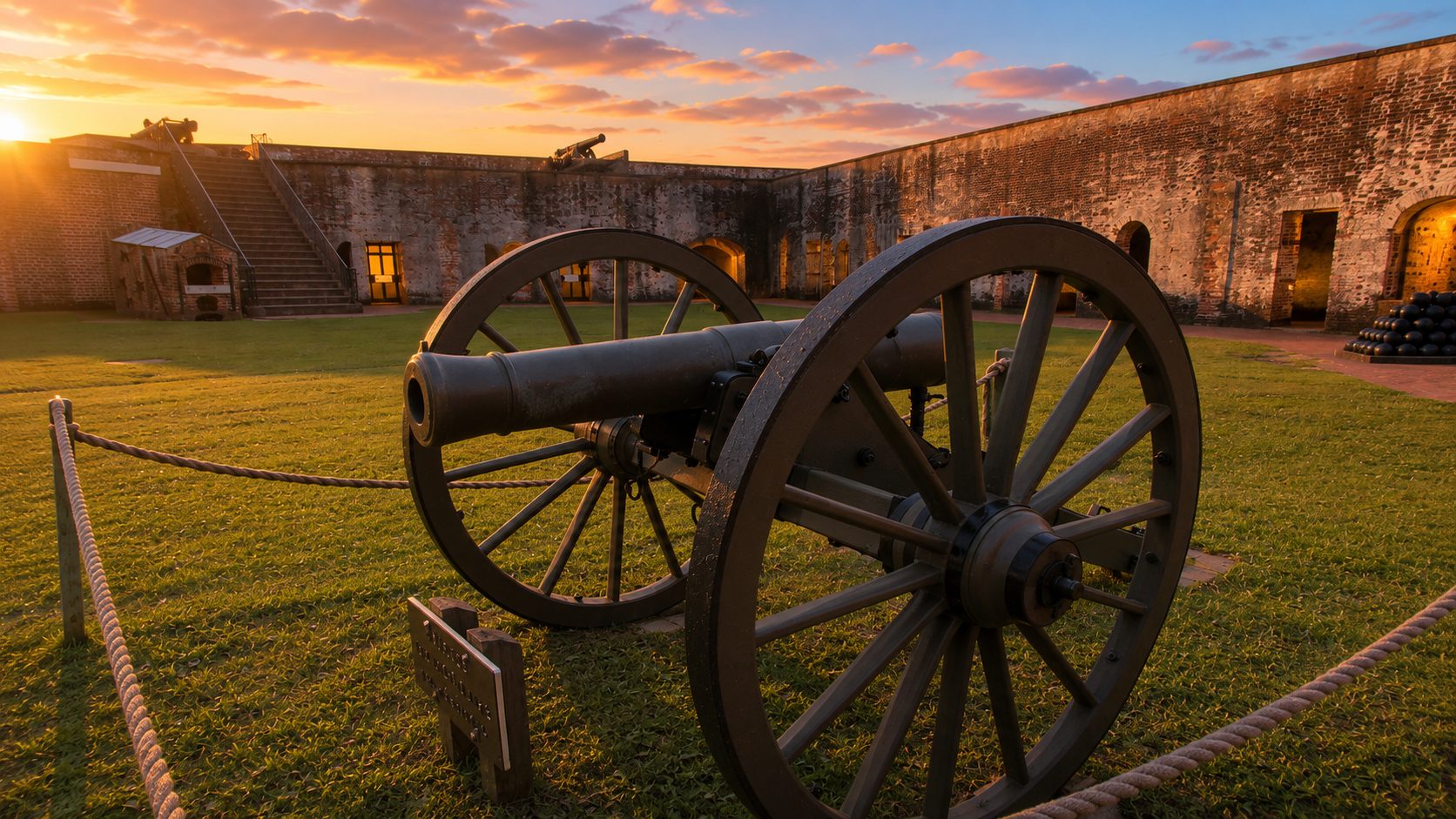 A cannon inside the fort's parade ground at sunset