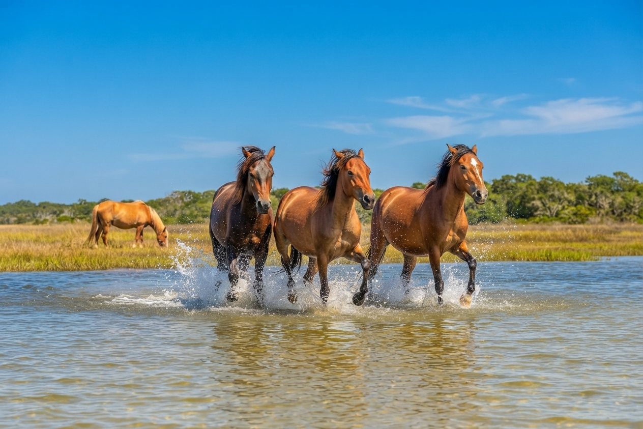 Wild horses running through shallow water on Shackleford Banks